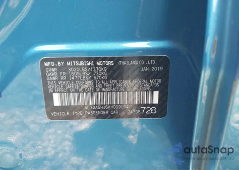 2019 Mitsubishi Mirage Le from USA, damaged, VIN ML32A5HJ6KH009194